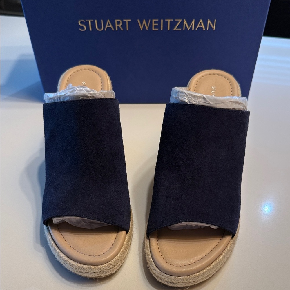 BNIB Stuart Weitzman Navy Suede Open-Toe Platform Slides